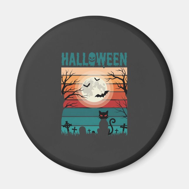 Halloween Black Cat Moon Graveyard Retro Vector De Magnet (Front)