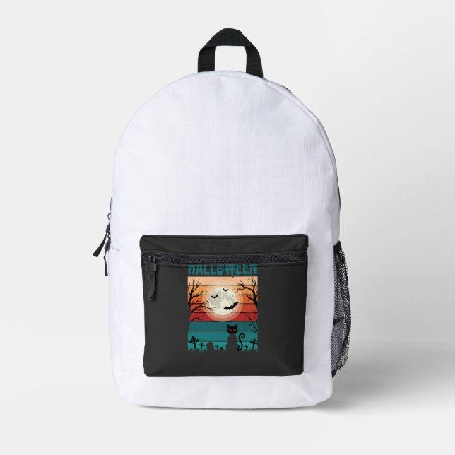Halloween Black Cat Moon Graveyard Retro Vector De Printed Backpack (Front)