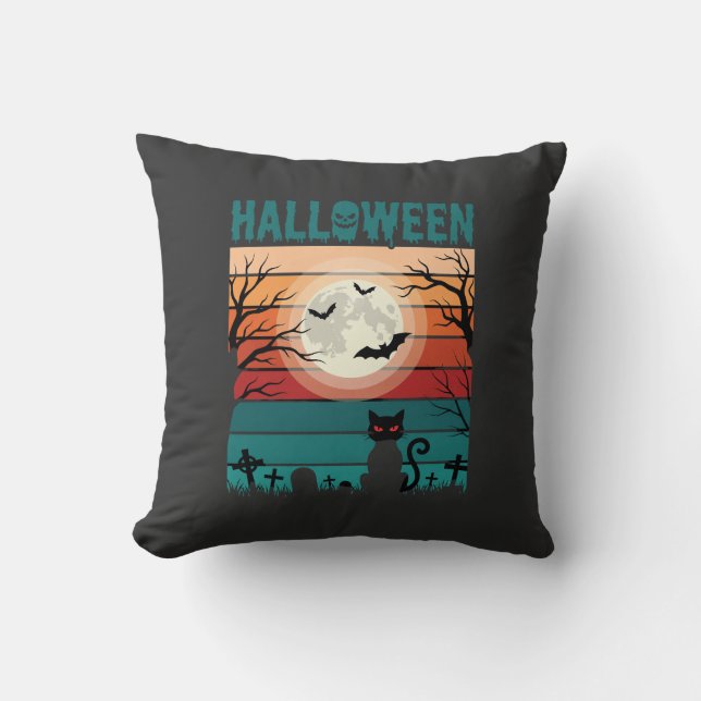 Halloween Black Cat Moon Graveyard Retro Vector De Throw Pillow (Front)