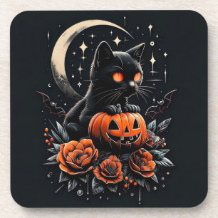 Halloween Black Cat, Moon & Pumpkin Coaster