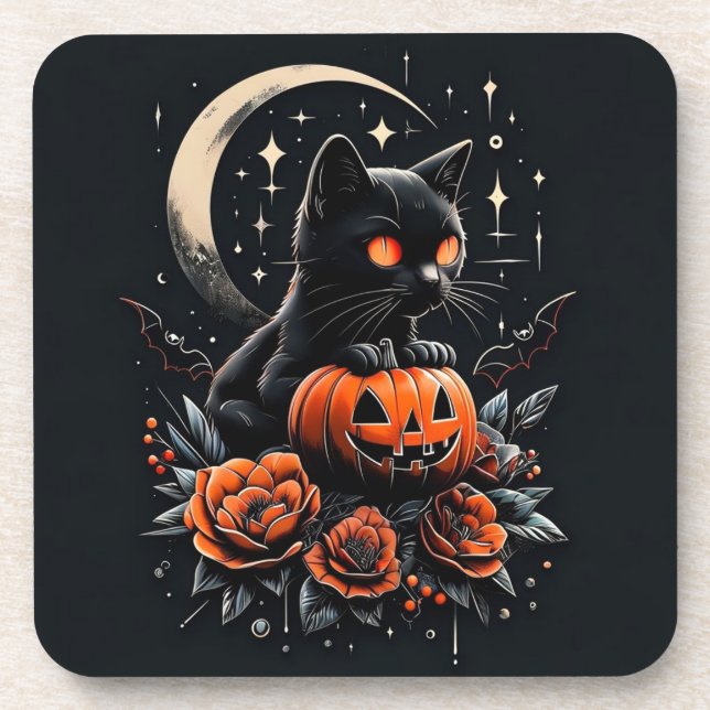 Halloween Black Cat, Moon & Pumpkin Coaster (Front)