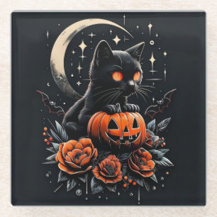 Halloween Black Cat, Moon & Pumpkin Glass Coaster