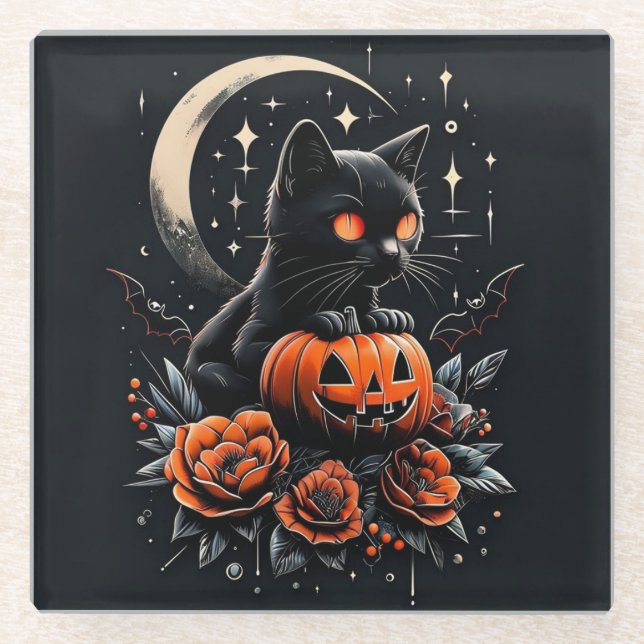 Halloween Black Cat, Moon & Pumpkin Glass Coaster (Front)