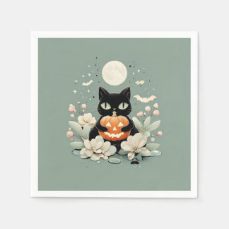 Halloween Black Cat, Moon & Pumpkin Napkin