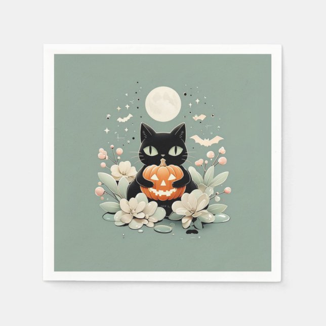 Halloween Black Cat, Moon & Pumpkin Napkin (Front)