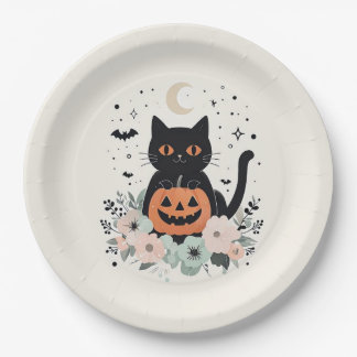 Halloween Black Cat, Moon & Pumpkin Paper Plate