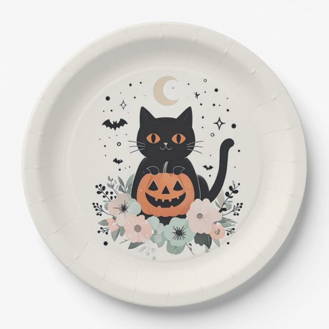 Halloween Black Cat, Moon & Pumpkin Paper Plate (Front)