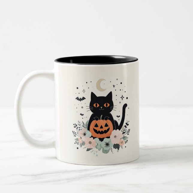 Halloween Black Cat, Moon & Pumpkin Two-Tone Coffee Mug (Left)
