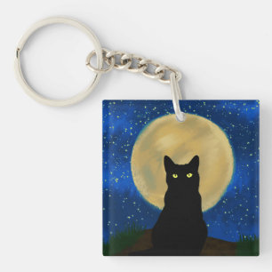 Halloween Black Cat Moonlit Silhouette  Keychain