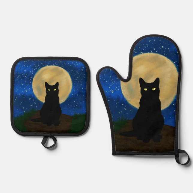 Halloween Black Cat Moonlit Silhouette  Oven Mitt & Pot Holder Set (Front)