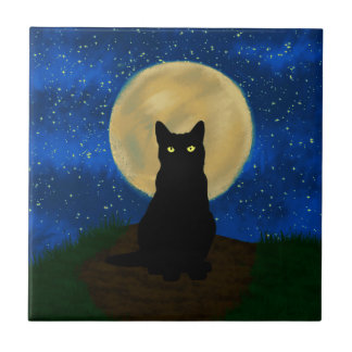 Halloween Black Cat Moonlit Silhouette  Tile