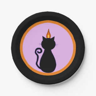 Halloween black cat on black, violet & orange paper plate