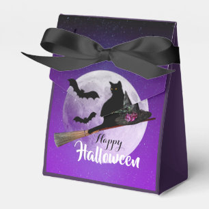 Halloween Black Cat on Broom Full Moon Favor Box