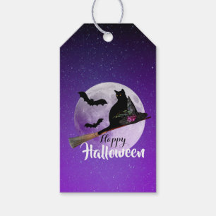 Halloween Black Cat on Broom Full Moon Gift Tags