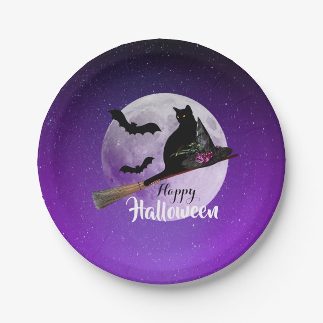 Halloween Black Cat on Broom Full Moon Paper Plate (Front)