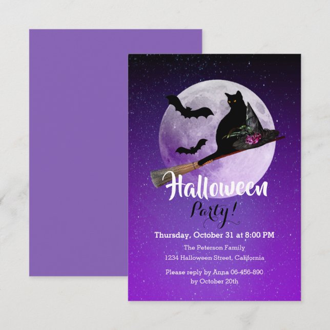 Halloween Black Cat on Broom Full Moon Party Invitation (Front/Back)