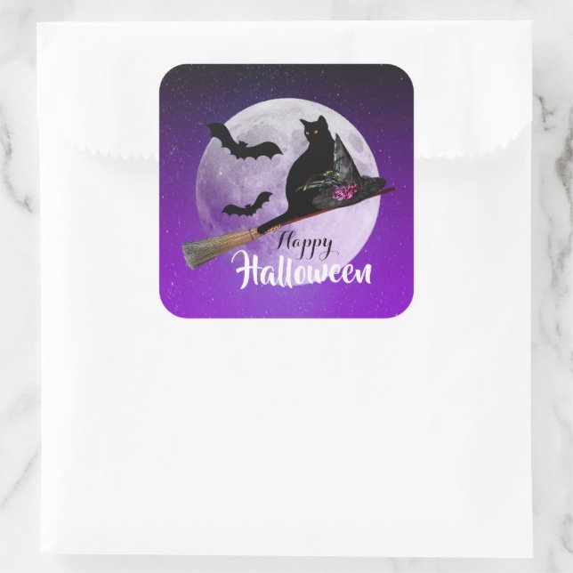 Halloween Black Cat on Broom Full Moon Square Sticker (Bag)