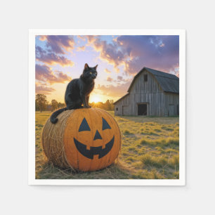 Halloween Black Cat On Pumpkin Hay Bale Napkin