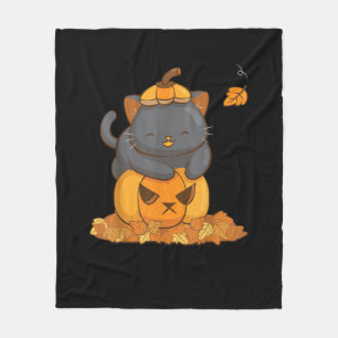 Halloween Black Cat on Pumpkin with Autumn Leaves Fleece Blanket