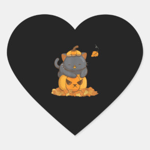 Halloween Black Cat on Pumpkin with Autumn Leaves Heart Sticker