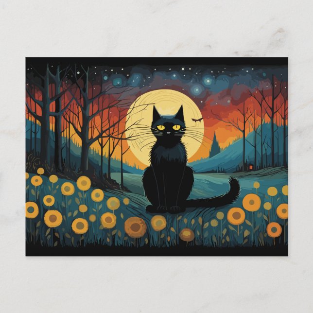 Halloween Black Cat On The Meadow Full Moon Postcard (Front)