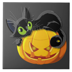 Halloween black cat on top of pumpkin tile