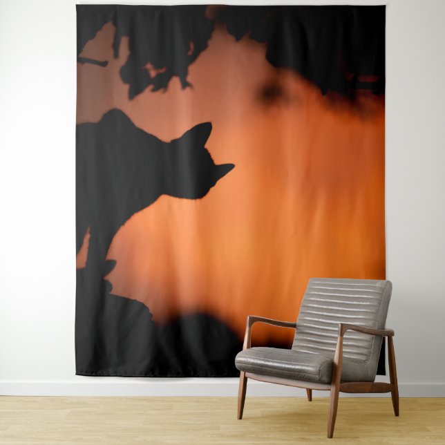 Halloween Black Cat Orange Background Customize Tapestry (In Situ)