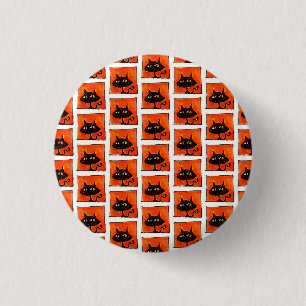 Halloween Black Cat Orange Squares Cartoon 1 Inch Round Button