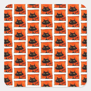 Halloween Black Cat Orange Squares Cartoon Square Sticker