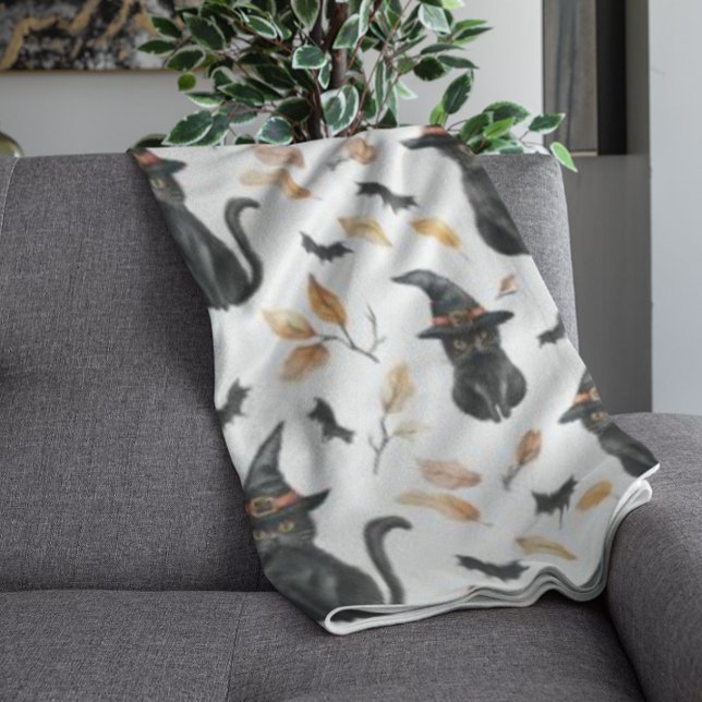 Halloween Black Cat Pattern - Witchy Cat  Fleece Blanket (Creator Uploaded)