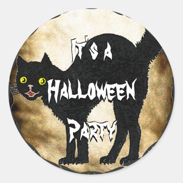 HALLOWEEN Black Cat Printed Faux Burnt Parchment Classic Round Sticker (Front)