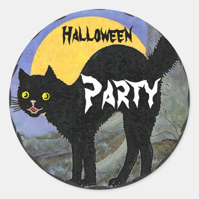 HALLOWEEN Black Cat Printed Yellow Full Moon Classic Round Sticker (Front)