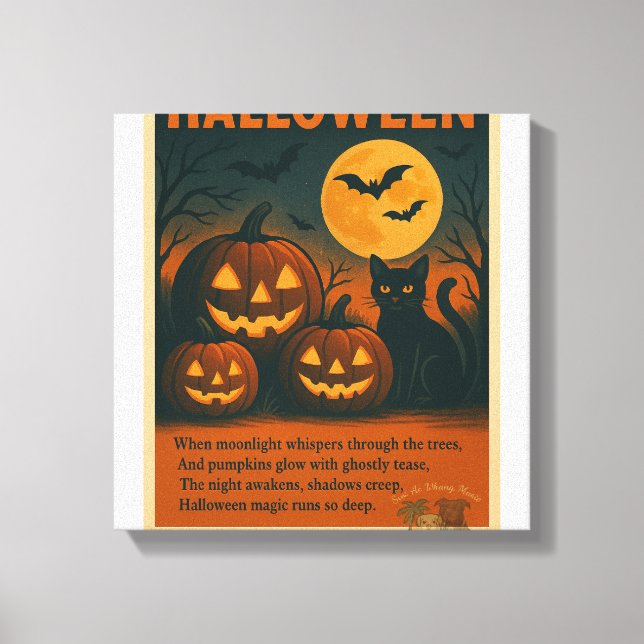 Halloween Black Cat & Pumpk Stretched Canvas Print (Front)