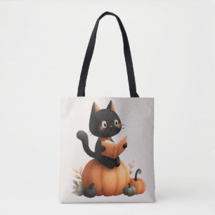 Halloween Black Cat Pumpkin Design Tote Bag