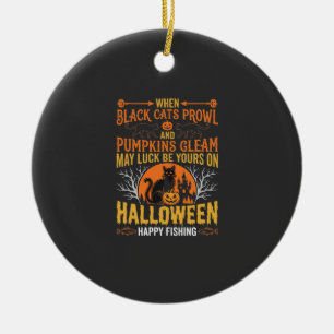 Halloween Black Cat Pumpkin Happy Fishing Design Ceramic Ornament