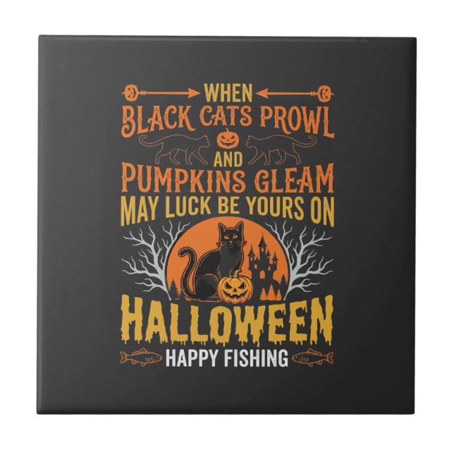 Halloween Black Cat Pumpkin Happy Fishing Design Tile (Front)