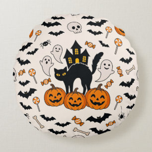 Halloween Black Cat & Pumpkin Haunted House Round Pillow