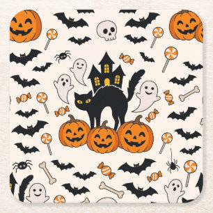 Halloween Black Cat & Pumpkin Haunted House Square Paper Coaster