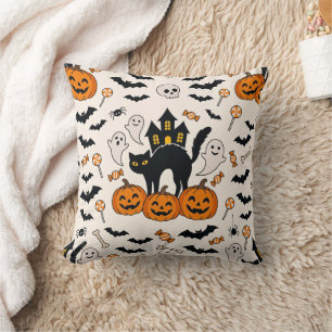 Halloween Black Cat & Pumpkin Haunted House Throw Pillow