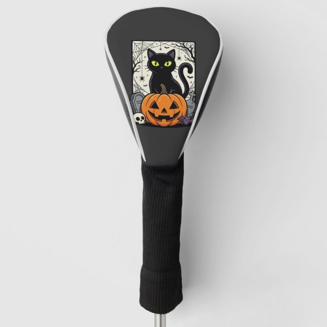 Halloween Black Cat Pumpkin Vector Design Golf Head Cover (Front)
