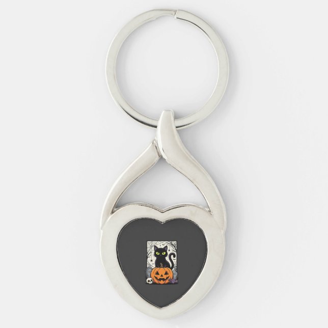 Halloween Black Cat Pumpkin Vector Design Keychain (Front)