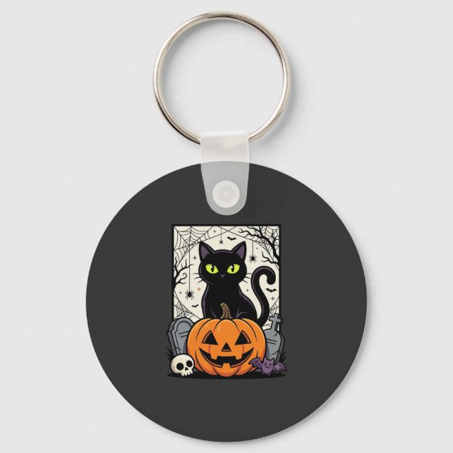 Halloween Black Cat Pumpkin Vector Design Keychain (Front)