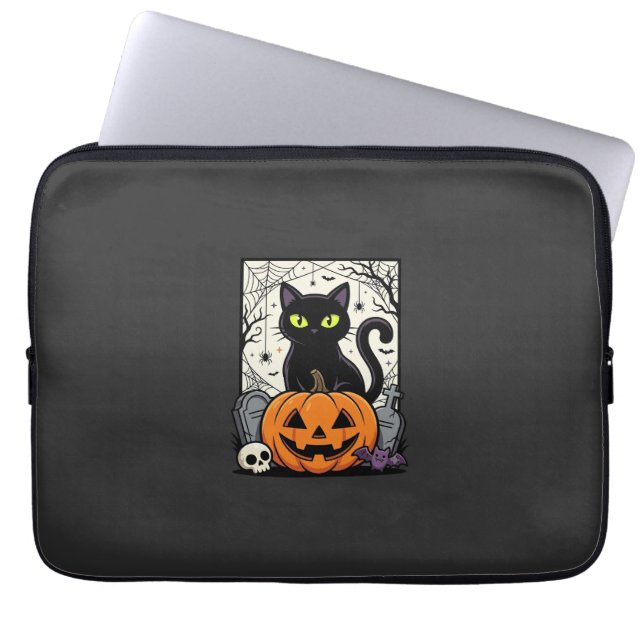 Halloween Black Cat Pumpkin Vector Design Laptop Sleeve (Front)