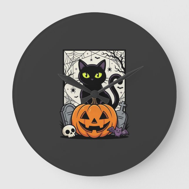 Halloween Black Cat Pumpkin Vector Design Large Clock (Front)
