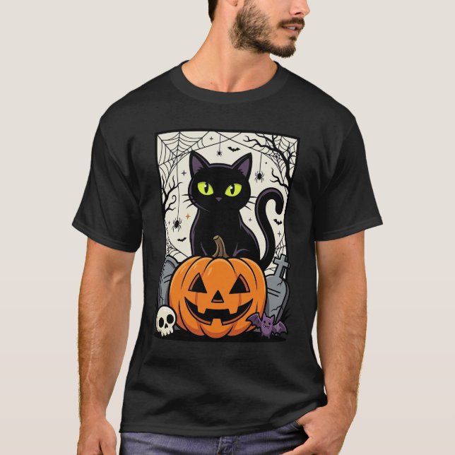 Halloween Black Cat Pumpkin Vector Design T-Shirt (Front)