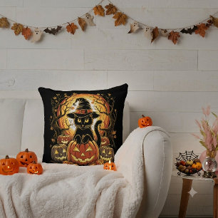 Halloween Black Cat Pumpkin Witch Cat Scary Throw Pillow