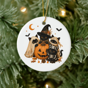 Halloween Black Cat Pumpkin Witch Ceramic Ornament
