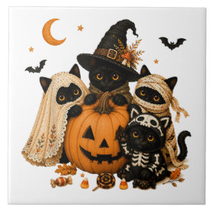 Halloween Black Cat Pumpkin Witch Tile