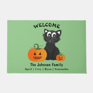 Halloween Black Cat Pumpkins Green Background Door Doormat