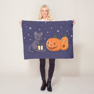 Halloween Black Cat Pumpkins Lantern Purple Fleece Blanket